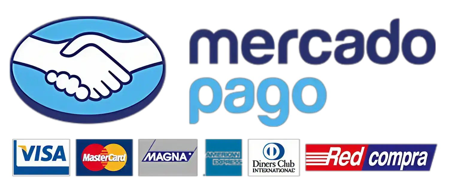 Todos los medios de pago aceptados: Mercado Pago, Visa, Mastercard, American Express, Diners Club, Redcompra, Transferencia Bancaria, Efectivo