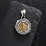 Dije Medalla San Benito Plata y Oro 14k 17mm