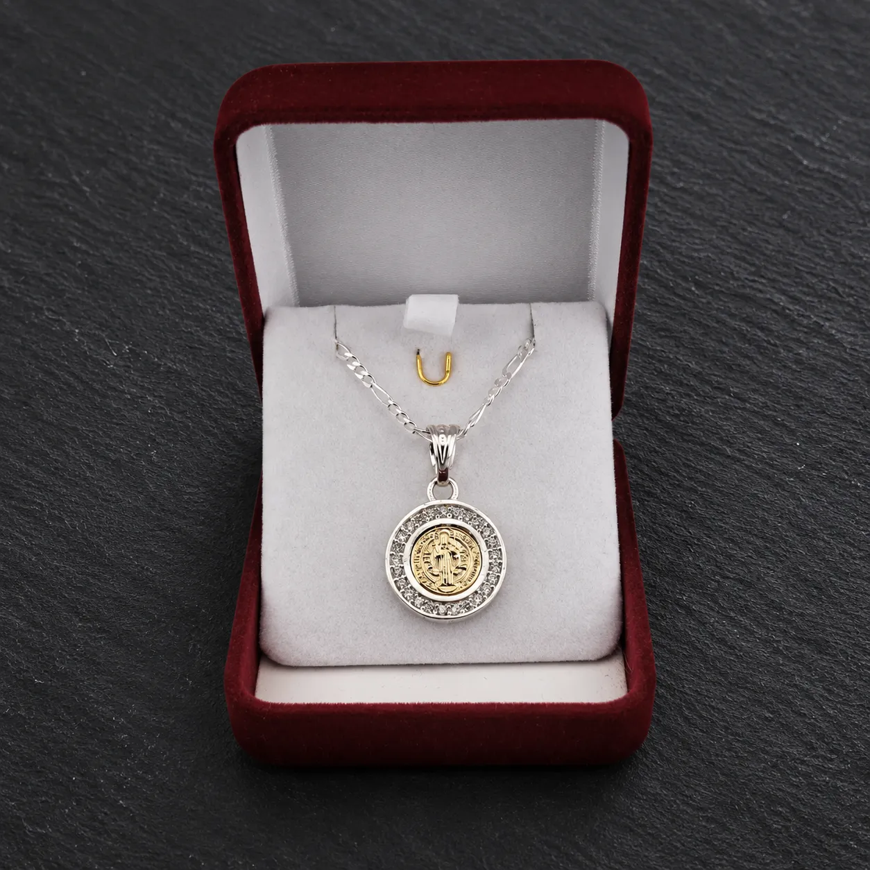 Medalla San Benito Plata 925 Oro 14k Circones Cadena Mujer Figaro - Vista principal