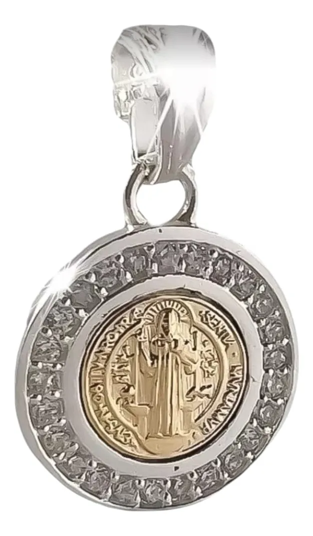 Dije Medalla San Benito Plata y Oro 14k 17mm