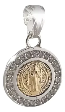 Dije Medalla San Benito Plata y Oro 14k 17mm